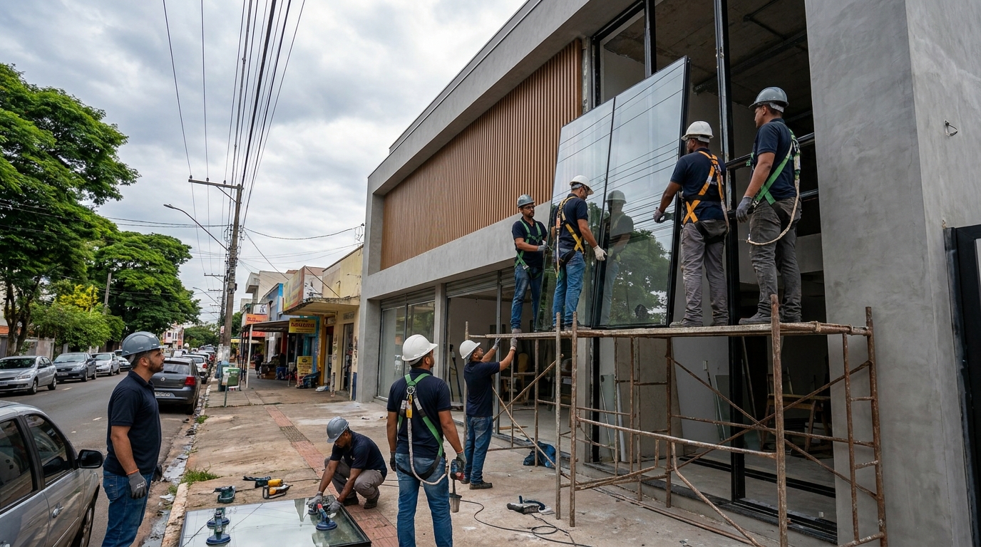 Fachada de vidro com andaime lateral em Manaus-AM