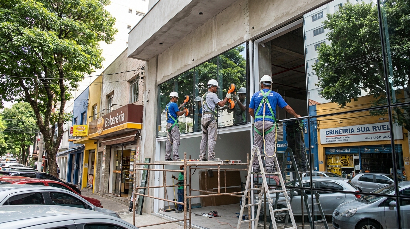 Fachada de vidro com confeitaria vizinha em Manaus-AM