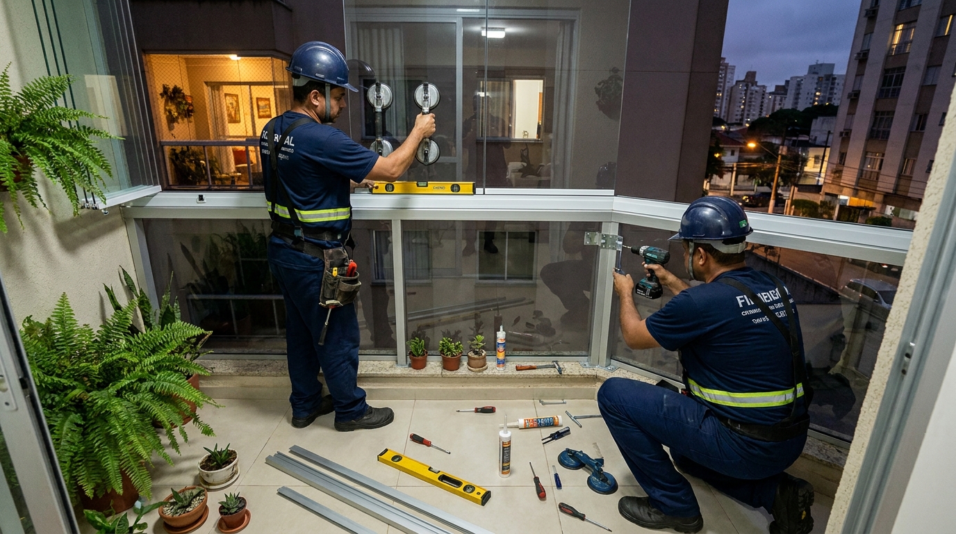 Instalação noturna de parede de vidro em Manaus-AM