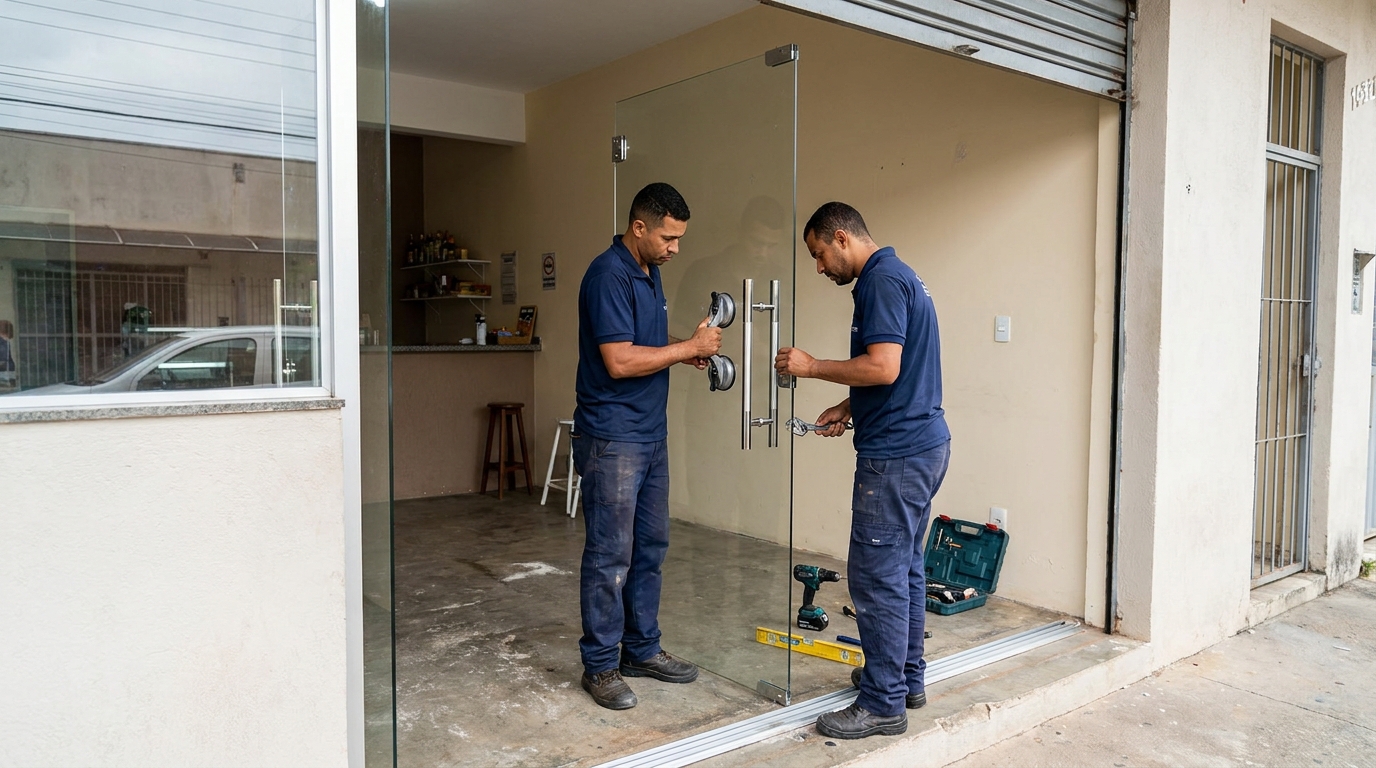Dupla instalando porta de vidro em loja em Manaus-AM