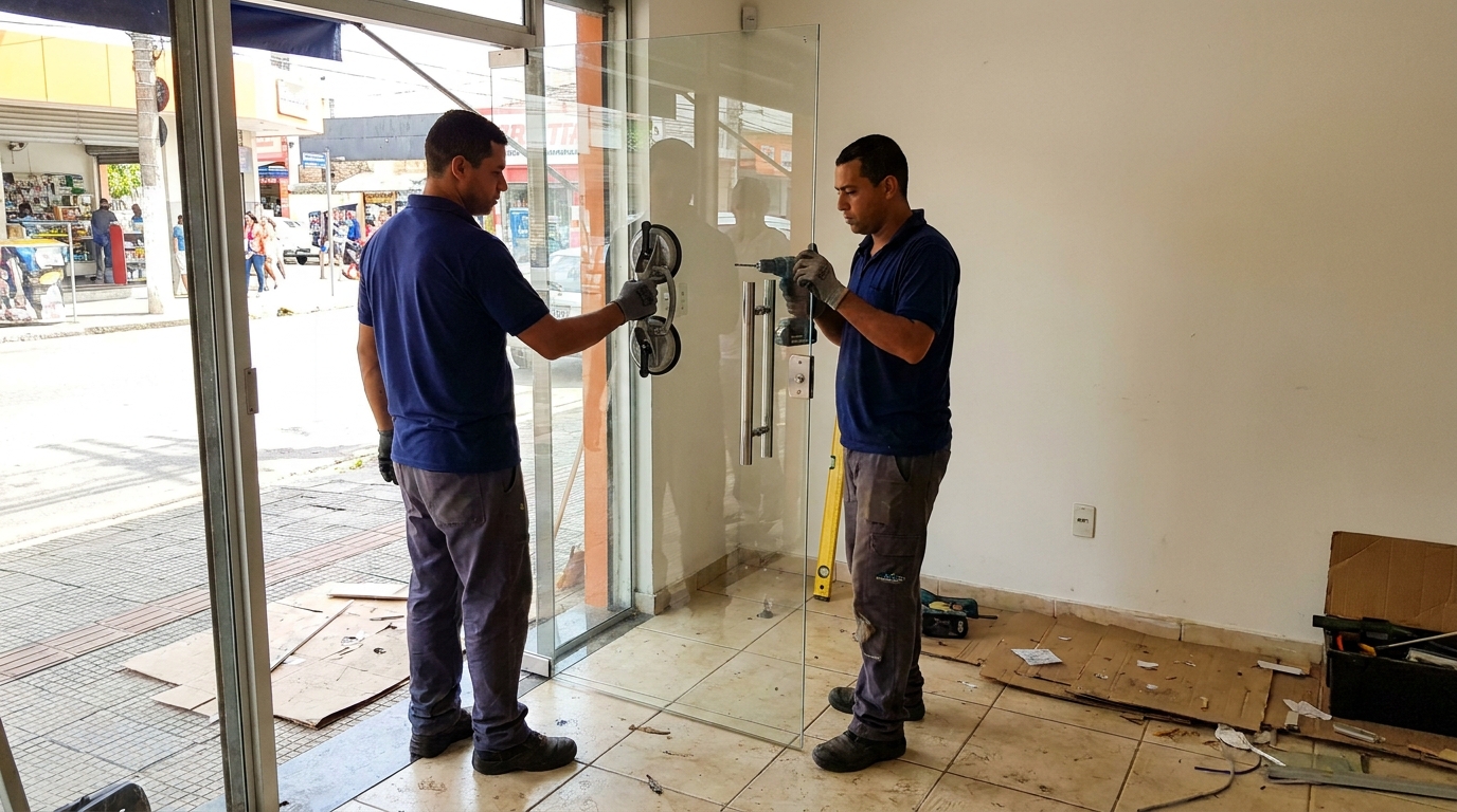 Porta de vidro de loja em rua movimentada em Manaus-AM